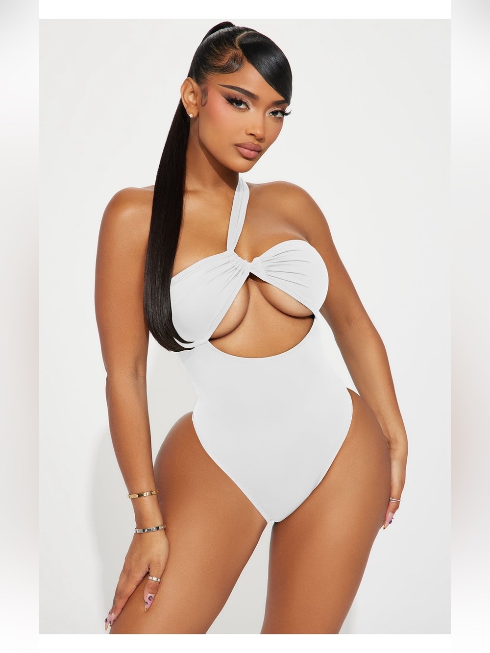 Fashion Nova White One-Shoulder Cutout One-Piece Swimsuit